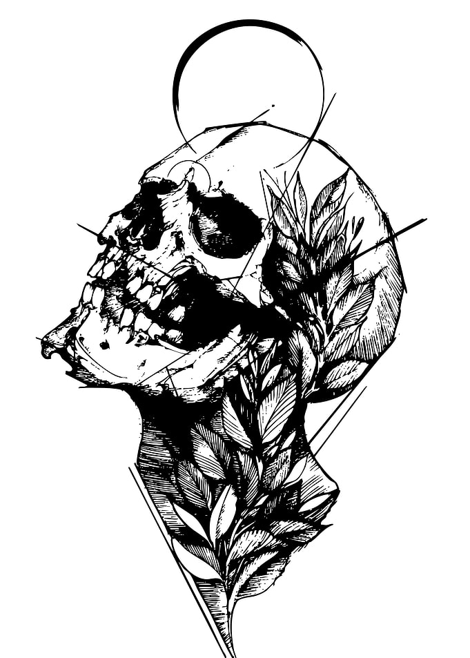 Skull and Leaves Black and White
