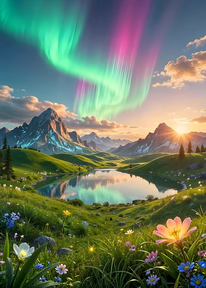 Aurora Borealis over Mountain Lake