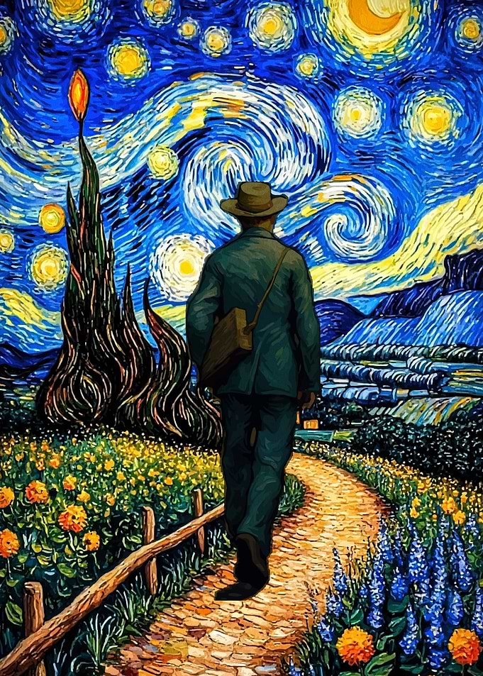 Man Walking in Starry Night Landscape