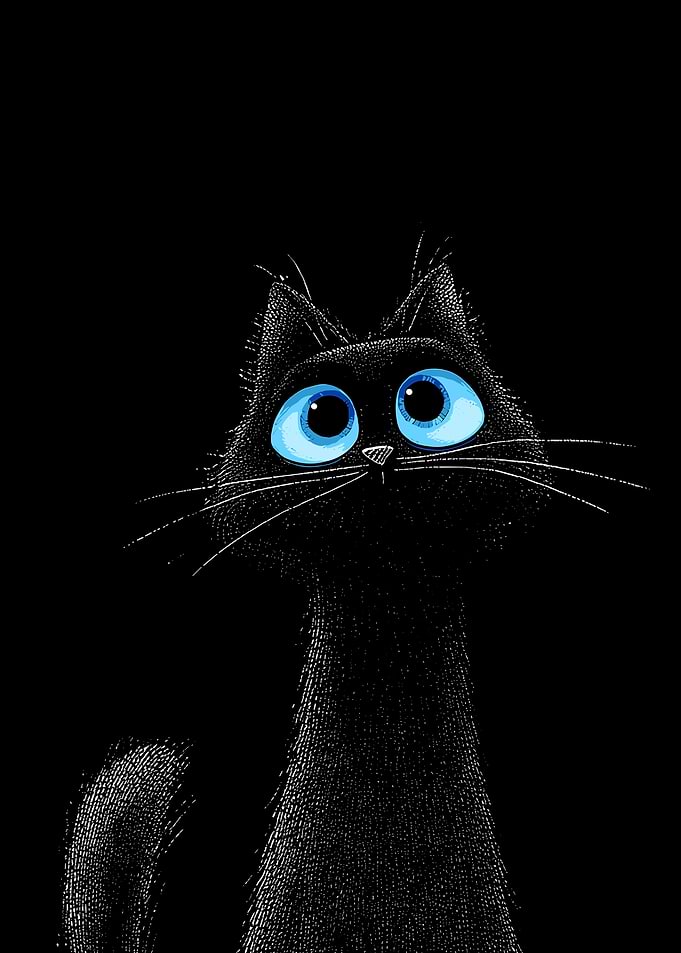 Cartoon Black Cat with Blue Eyes