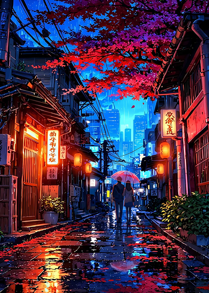 Rainy Night in Japan with Couple