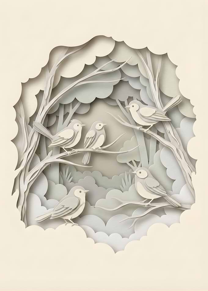 Papercut Birds in Forest Scene