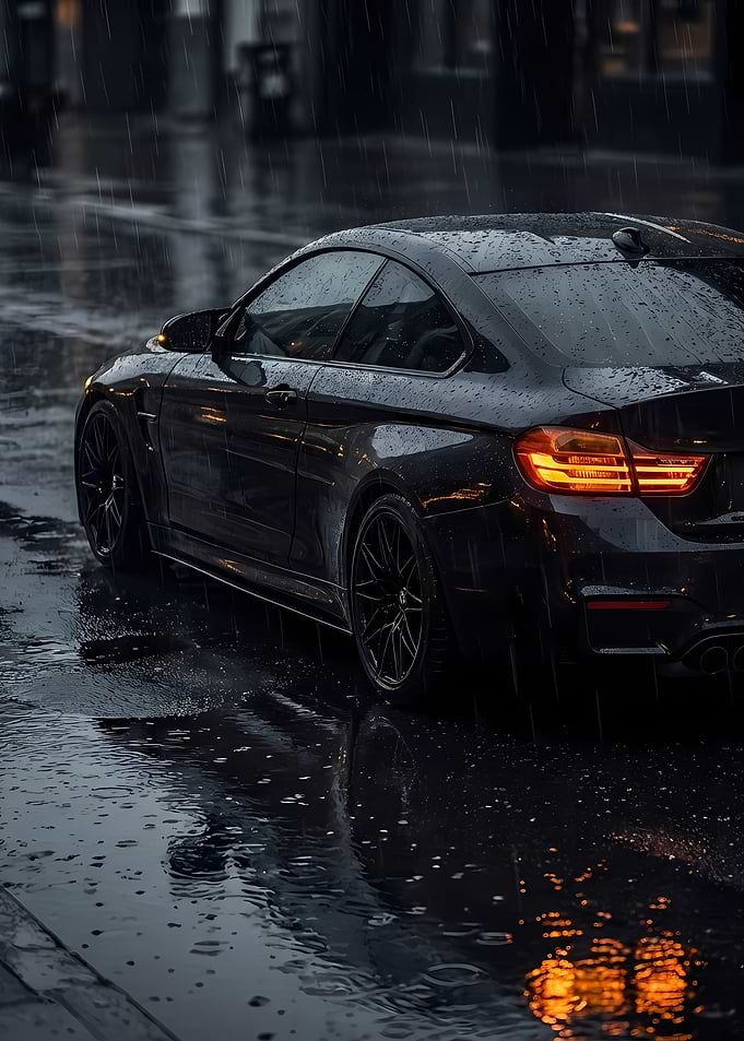 Black car in the rain