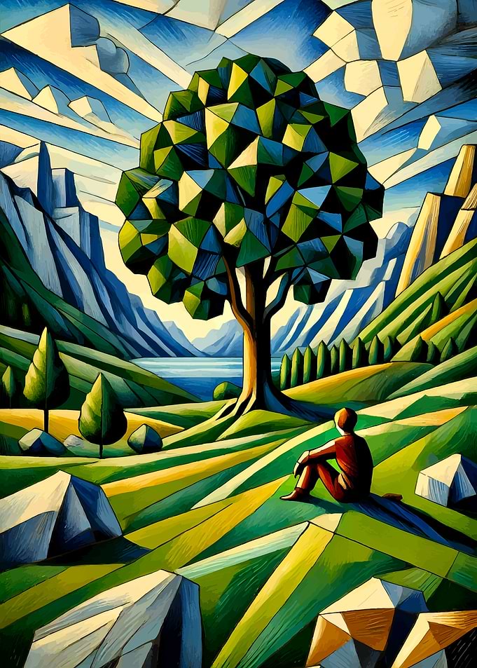 Geometric Landscape with Figure and Tree