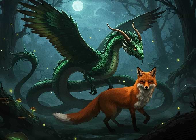 Dragon and Fox in Enchanted Forest