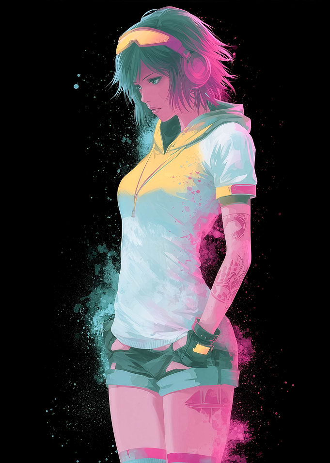 Anime Girl with Headphones and Tattoos