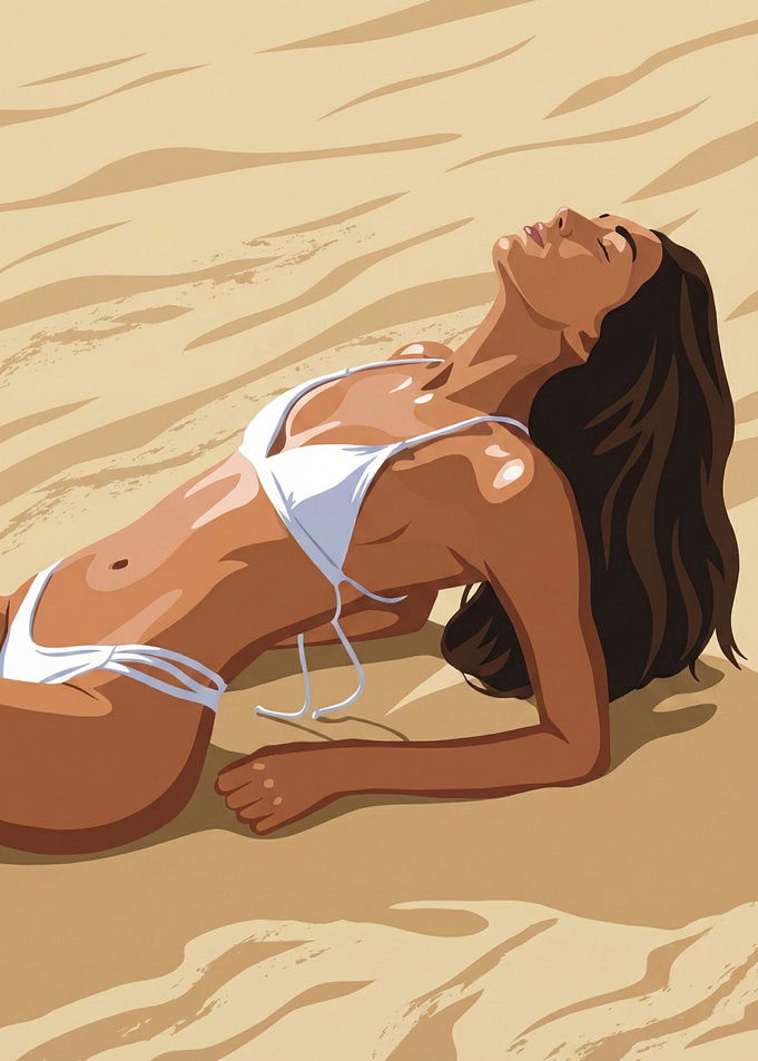 Woman in Bikini Sunbathing on Beach