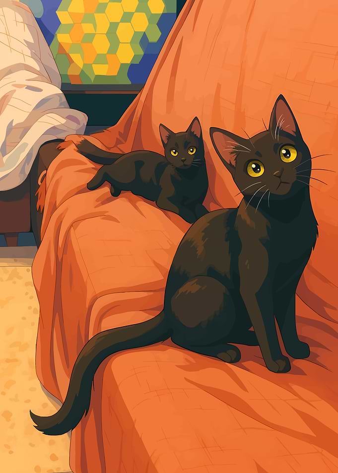 Two Black Cats on Orange Couch