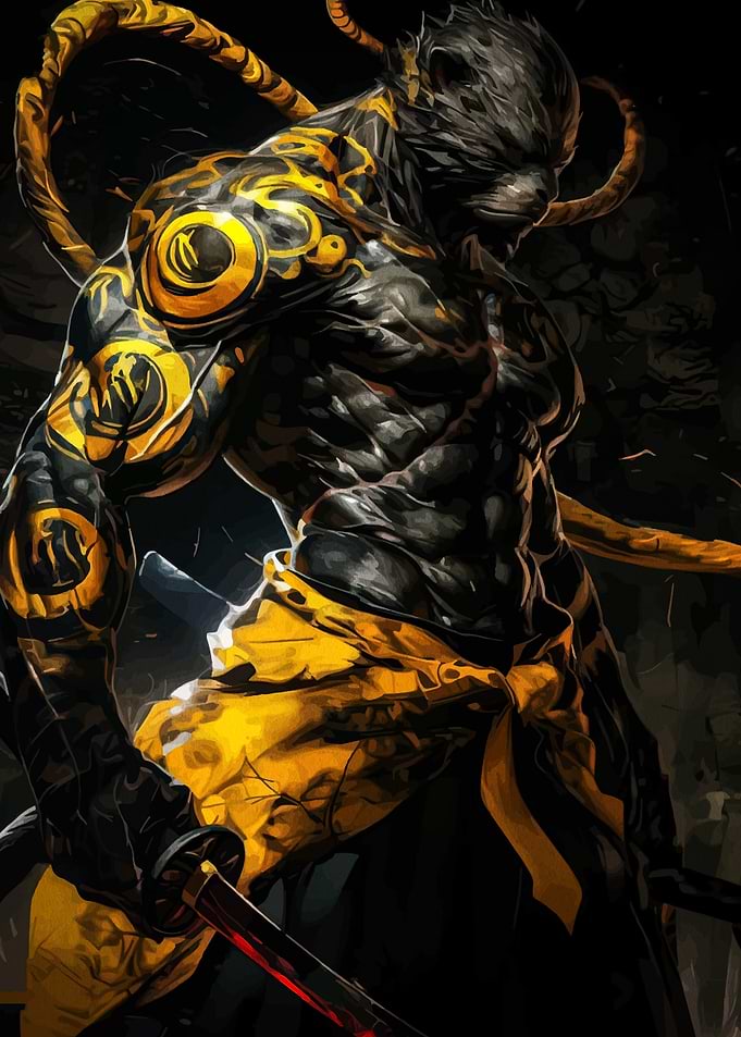Muscular Warrior with Tattoos and Katana