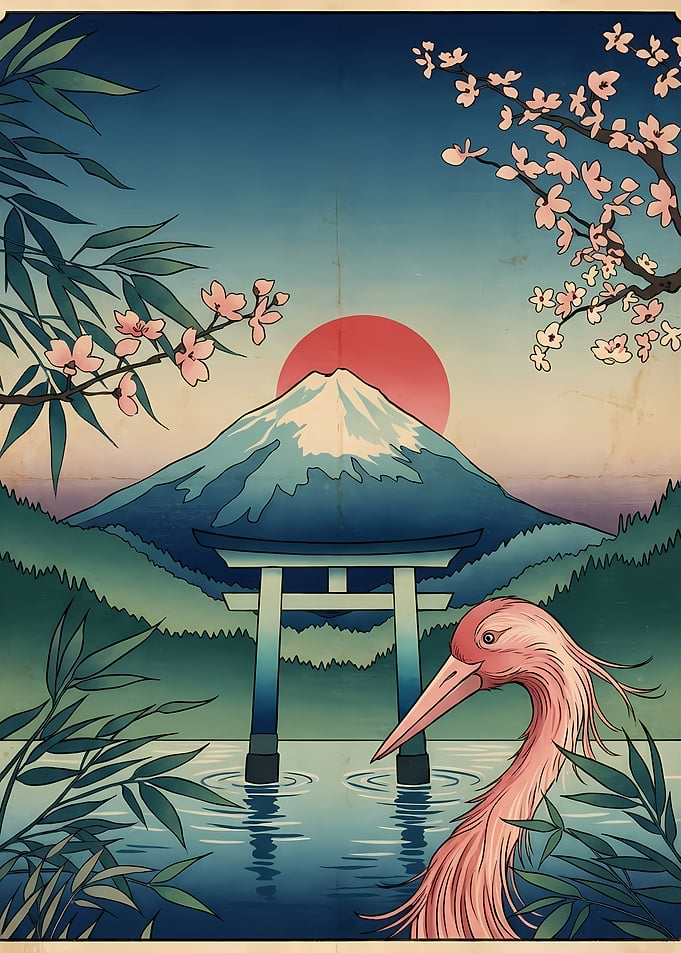 Japanese Landscape with Crane and Torii