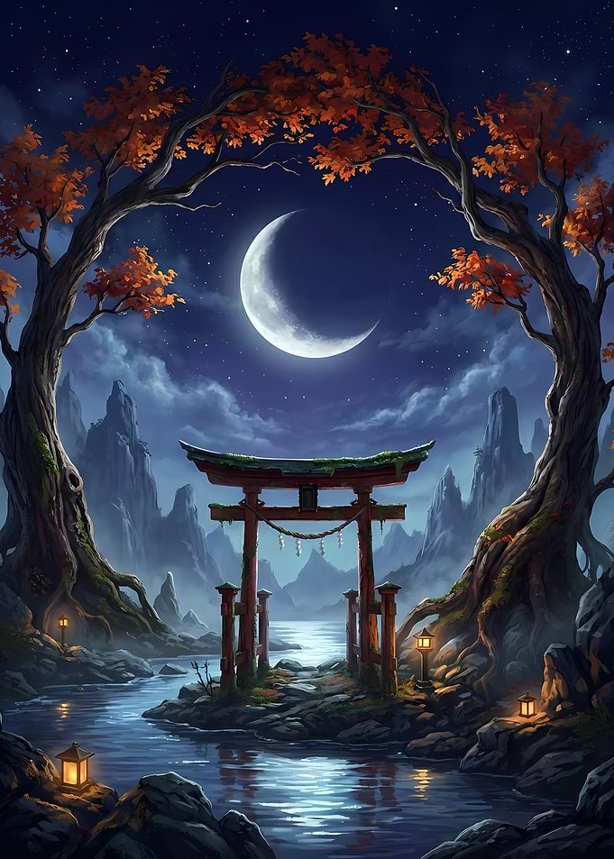 Torii Gate Under Crescent Moon