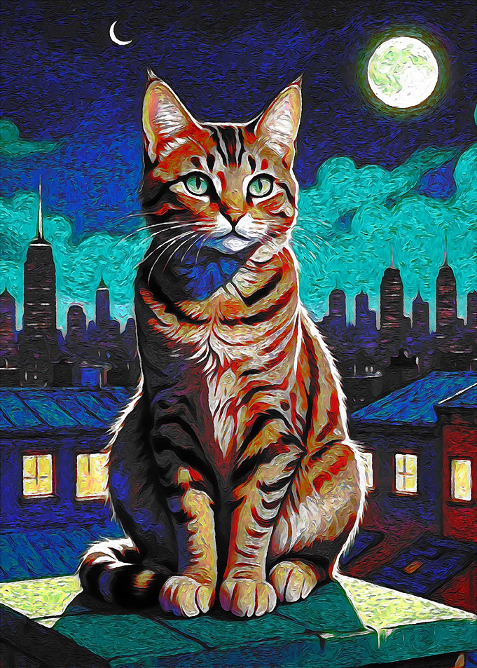 Cat on Rooftop, Cityscape Painting