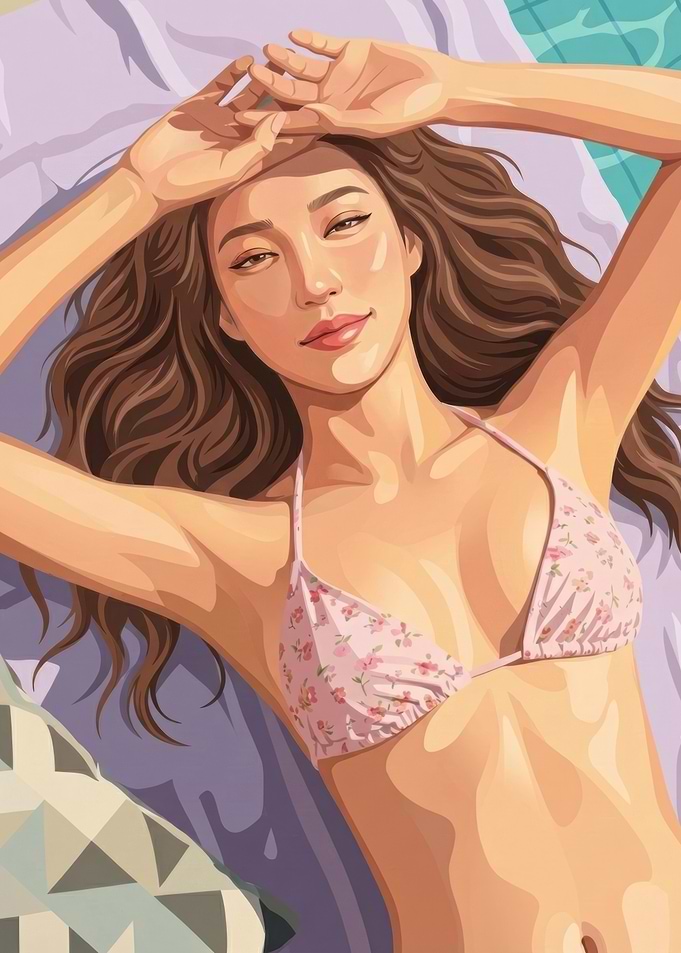 Woman in Bikini Sunbathing Illustration
