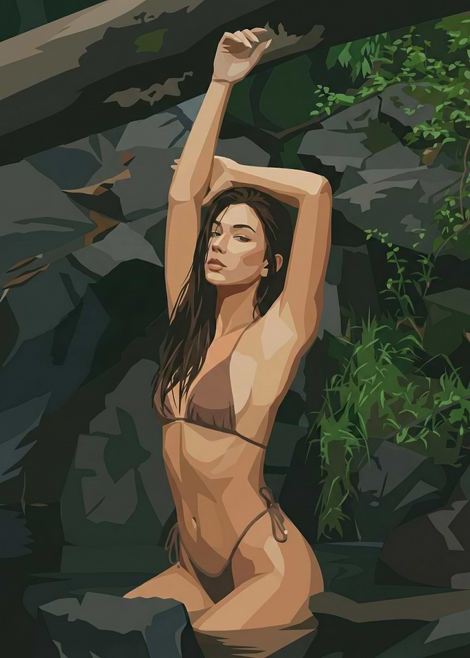 Woman in Bikini by Waterfall