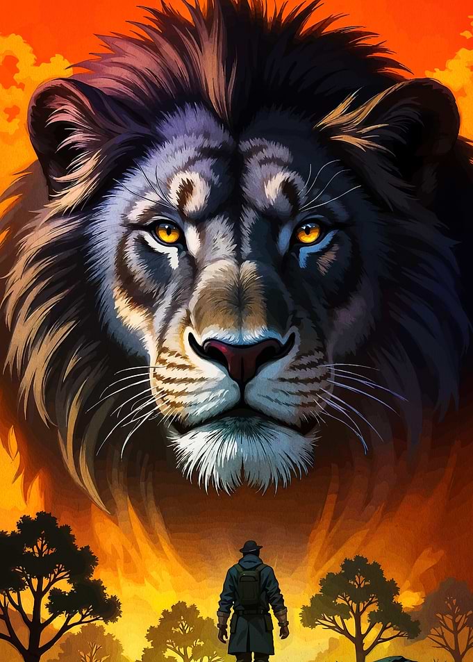 Lion and Man in Orange Landscape