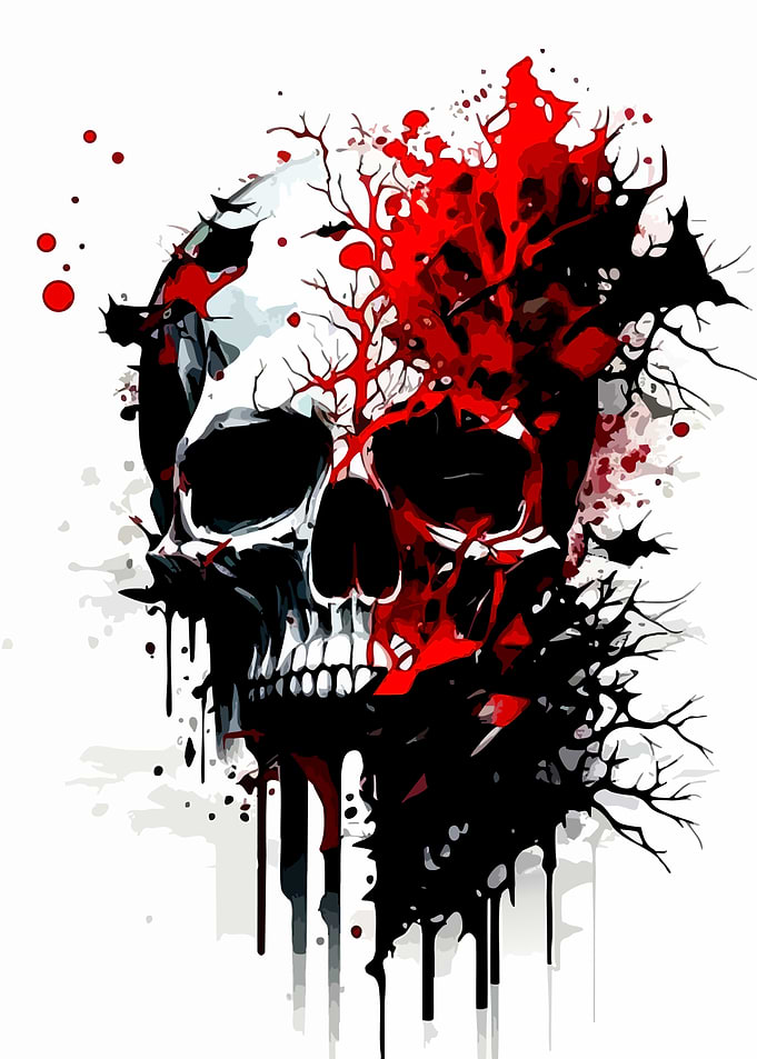 Skull with Red and Black Ink