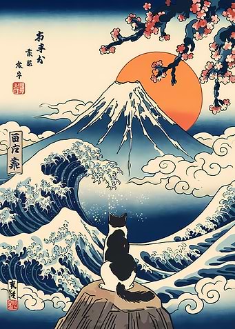 Cat gazing at Mount Fuji Ukiyo-e