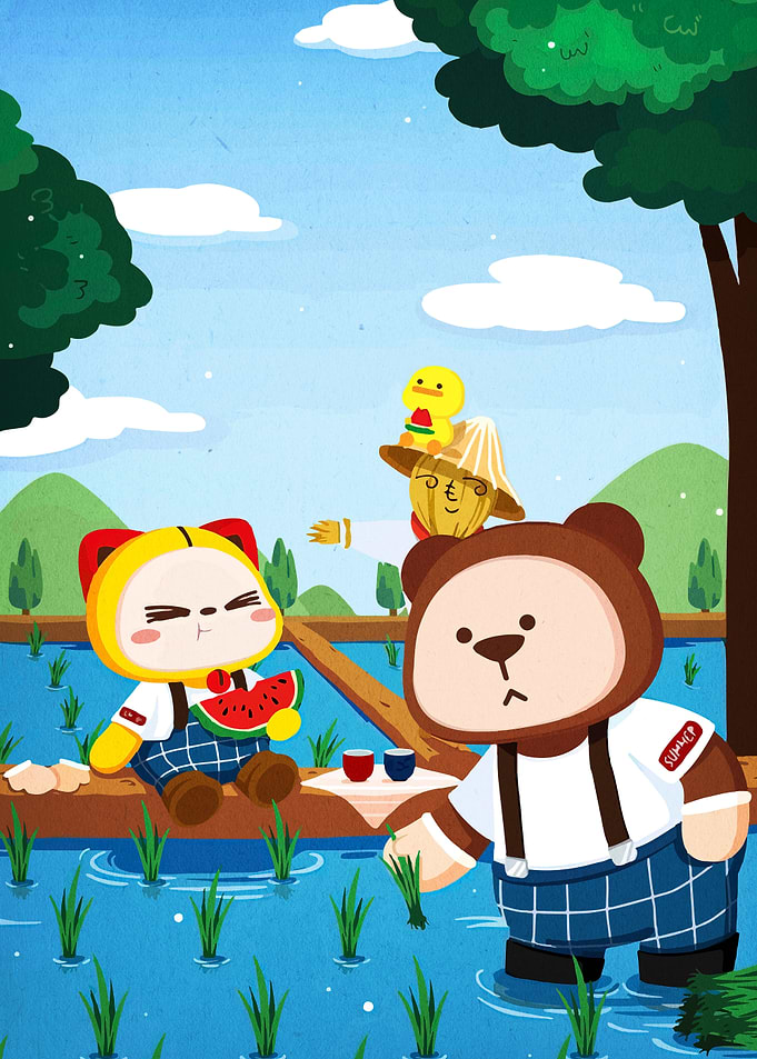 Cartoon Animals in Rice Field