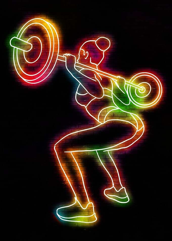 Neon Woman Squatting with Barbell