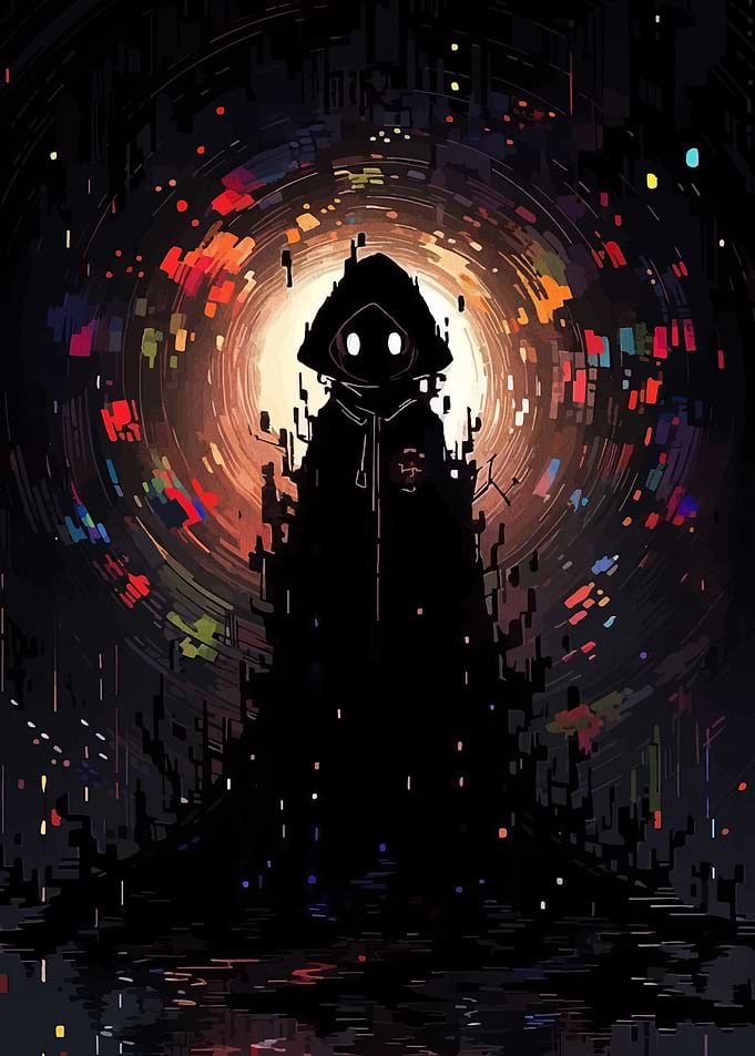 Hooded Figure in Digital Vortex