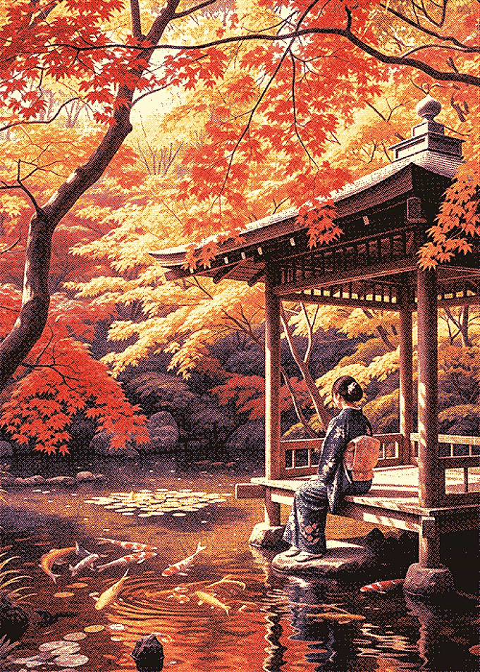 Japanese Garden with Woman and Koi