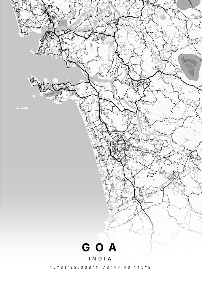 Goa India Black and White Map