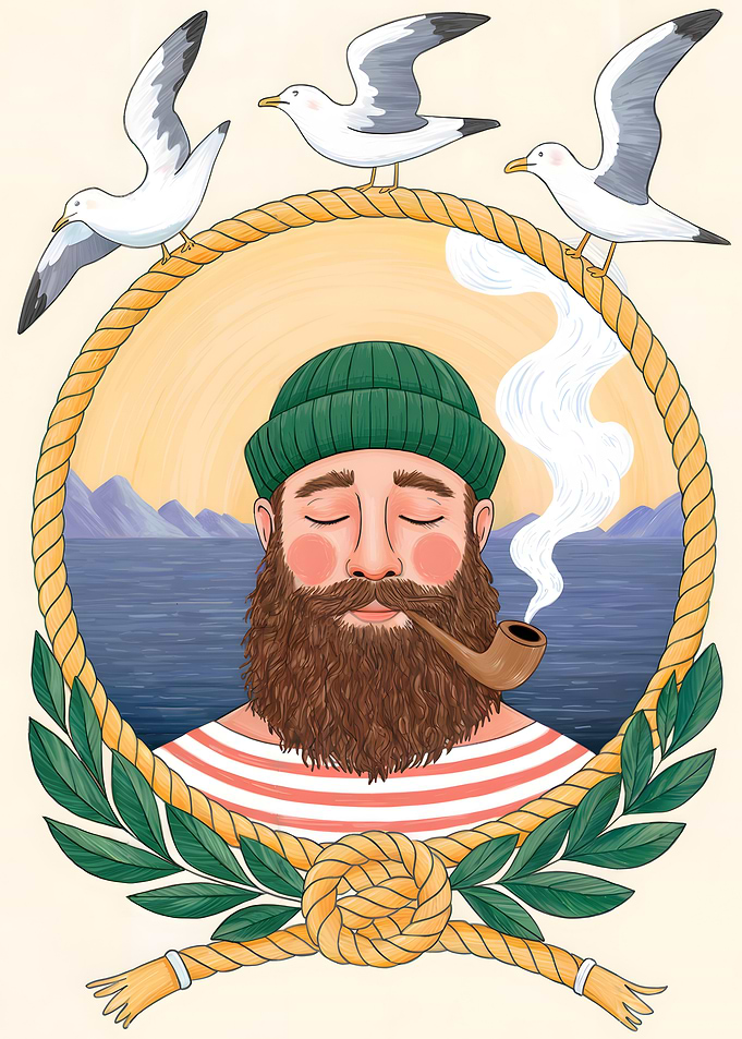 Bearded Sailor with Pipe and Seagulls