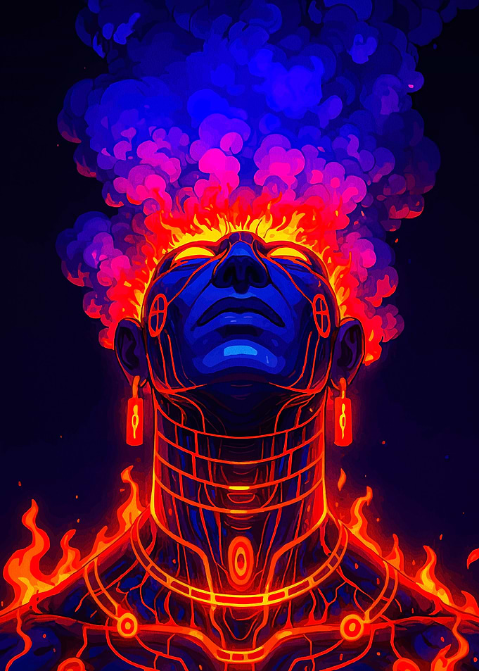 Fiery Blue Figure Looking Upward