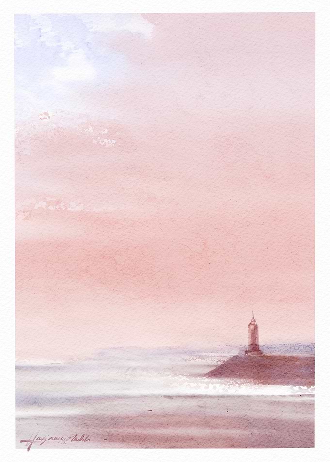 Watercolor Lighthouse Seascape in Pink Hues