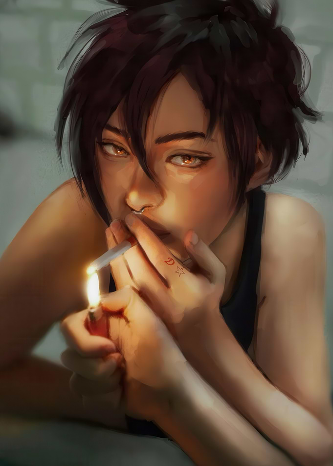 Woman Lighting Cigarette Digital Art