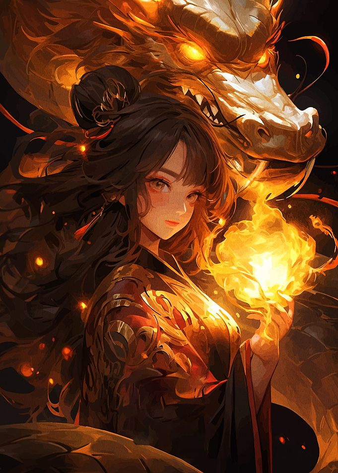 Anime Girl with Dragon and Fire