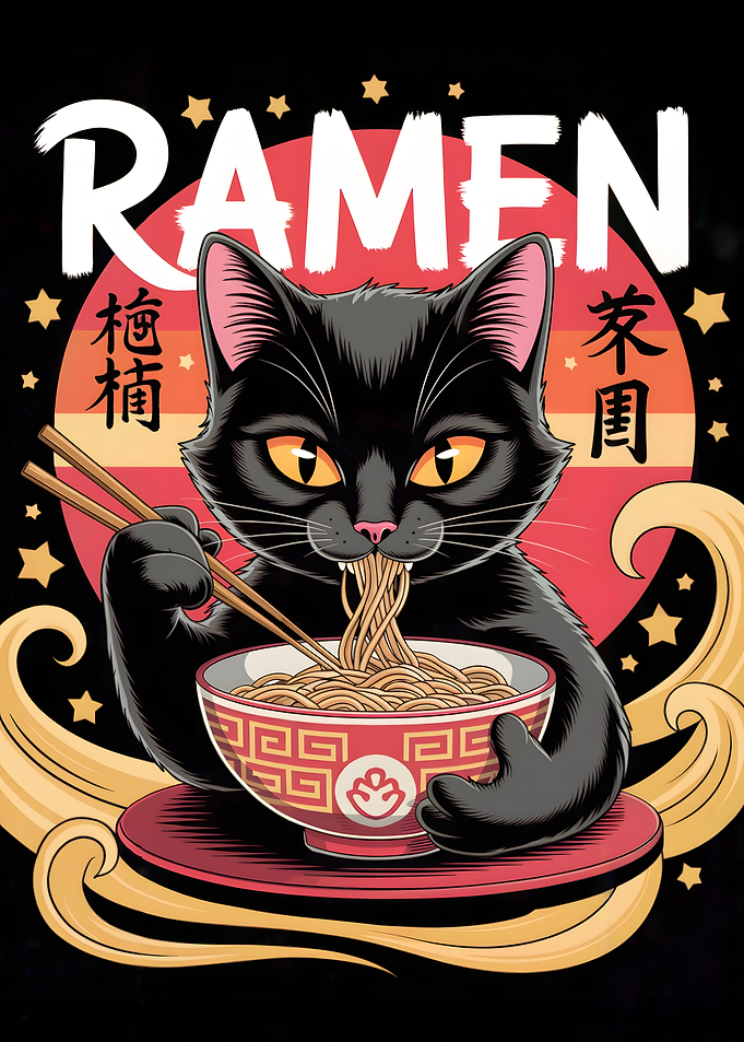 Black Cat Eating Ramen Illustration