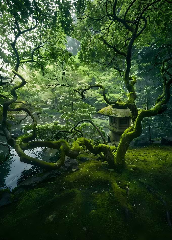 Japanese Garden with Mossy Tree