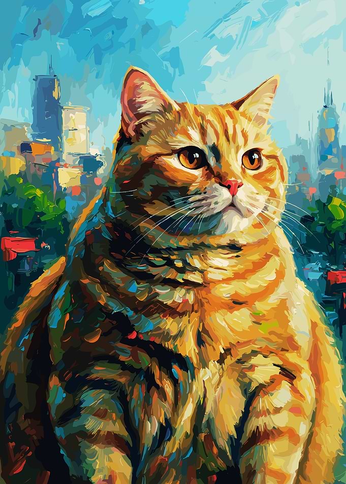 Orange Cat in Cityscape Painting