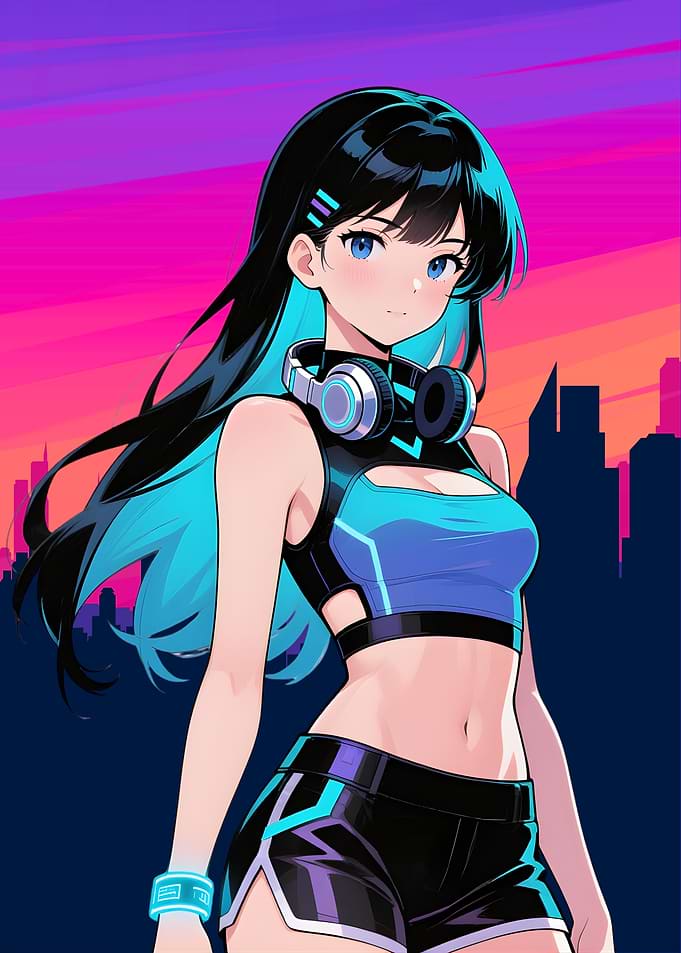 Anime Girl with Headphones in Cityscape