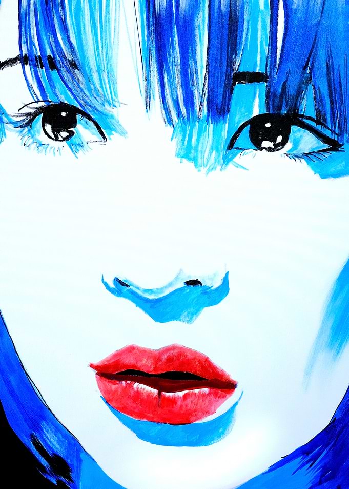 Blue Haired Woman with Red Lips
