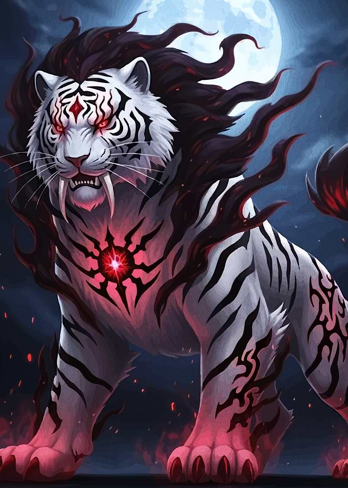 Mystical White Tiger with Red Markings