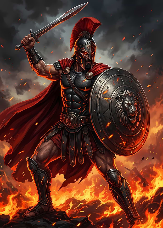 Spartan Warrior in Fiery Battle