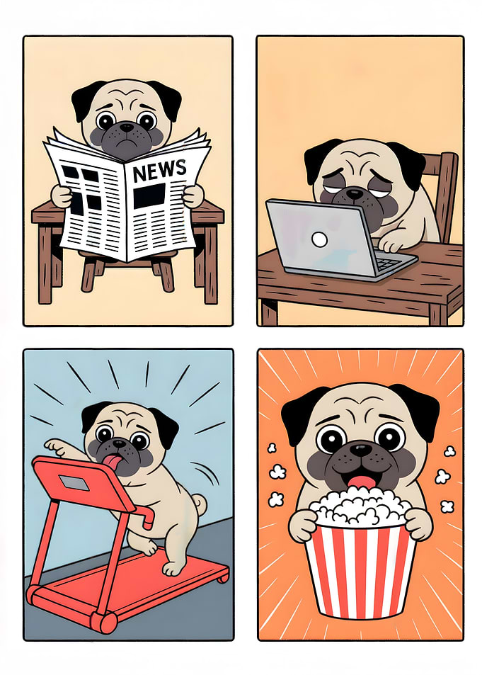 Pug's Day: News, Laptop, Treadmill, Popcorn