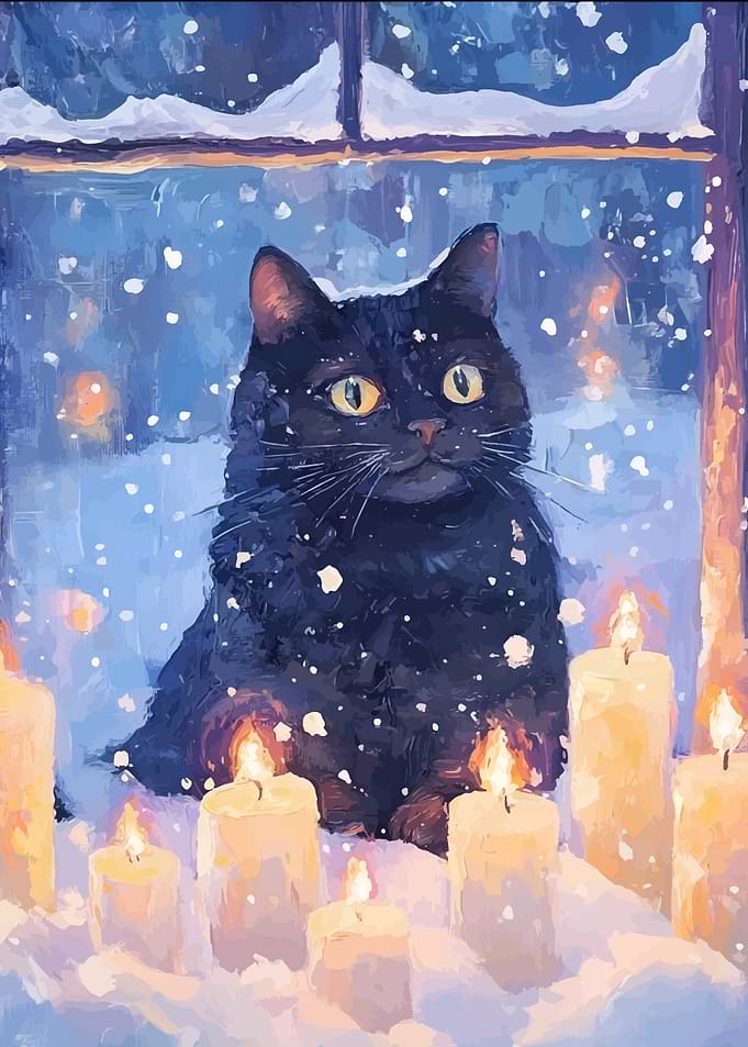 Black Cat in Winter Window Painting