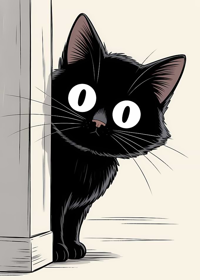 Cartoon Black Cat Peeking Around Door