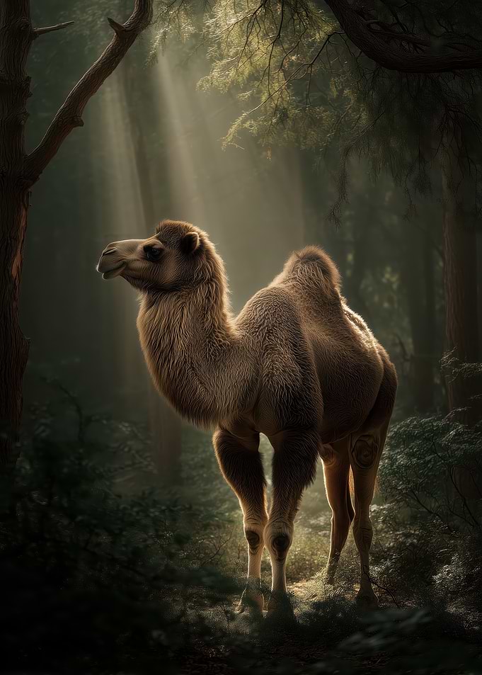 Camel in Forest Sunlight