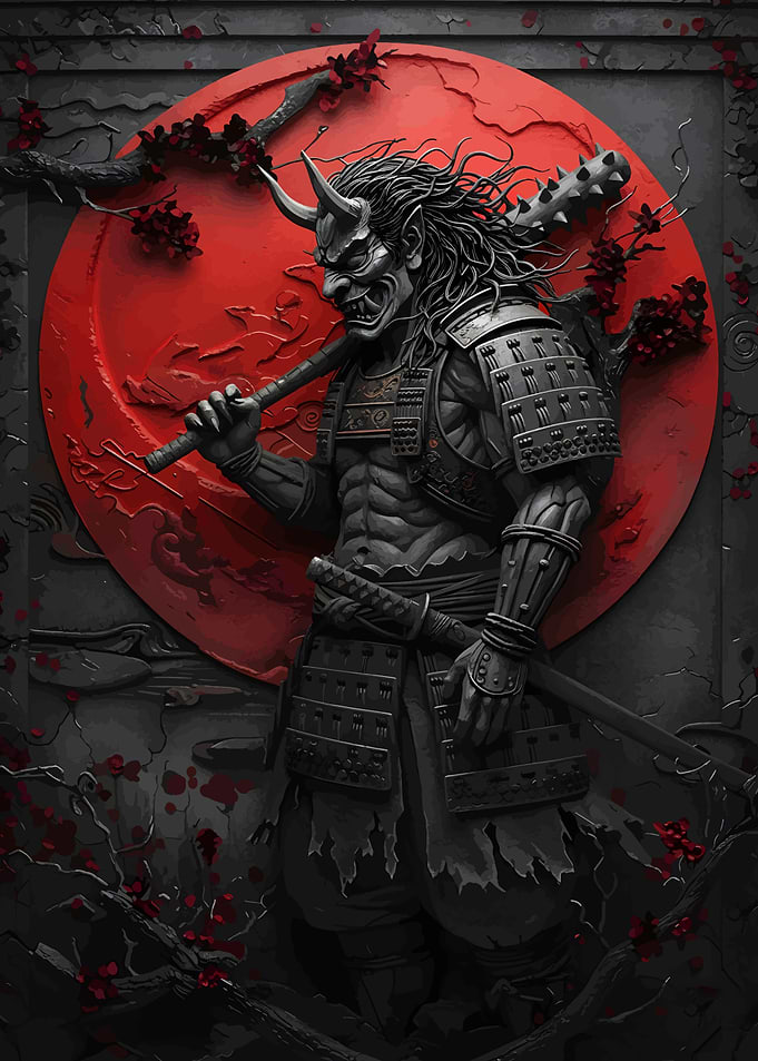 Oni Samurai with Red Moon