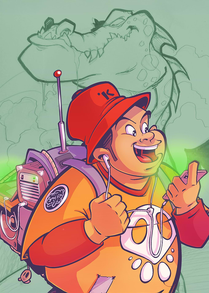 Cartoon Boy with Backpack and Dragon