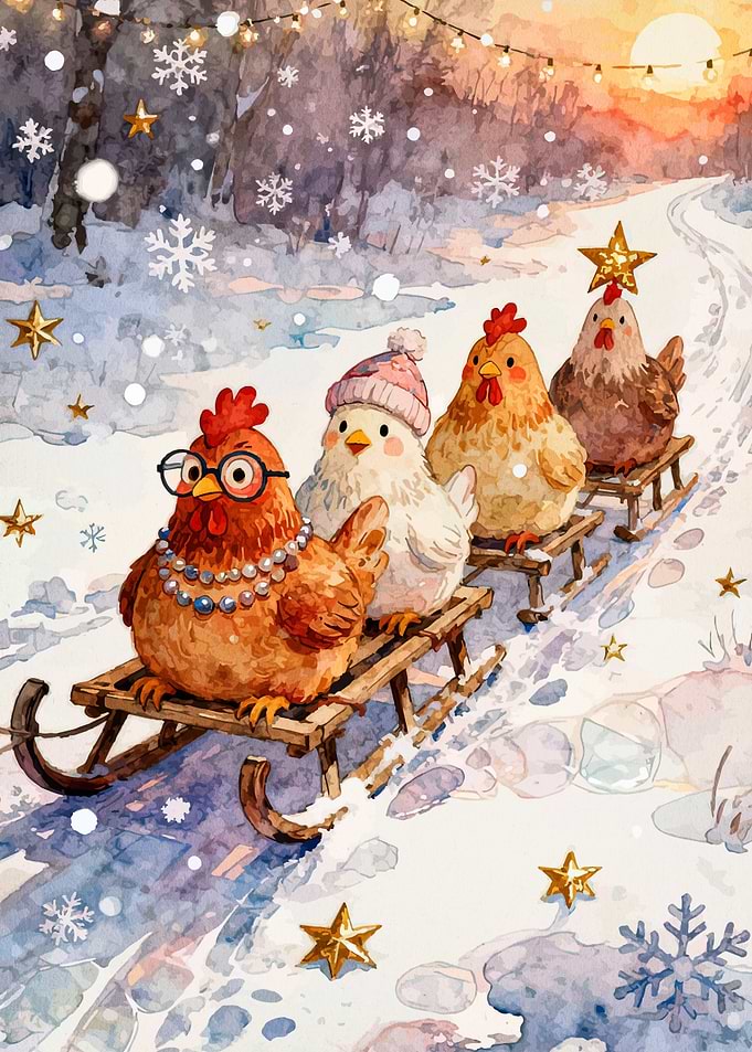 Chickens on a Sled in Winter
