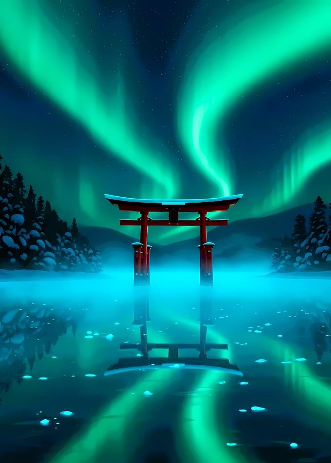 Torii Gate Under Aurora Borealis