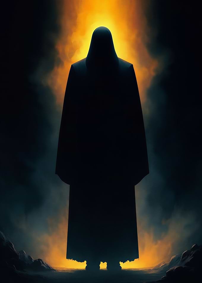 Cloaked Figure in Fiery Landscape