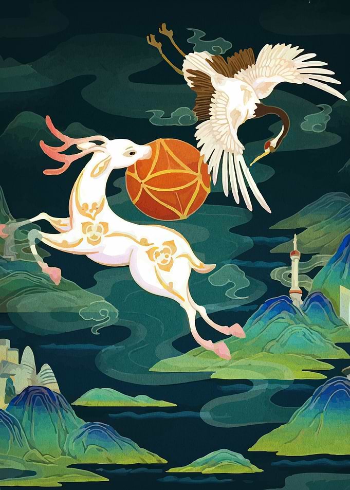 Deer, Crane, and Landscape Illustration