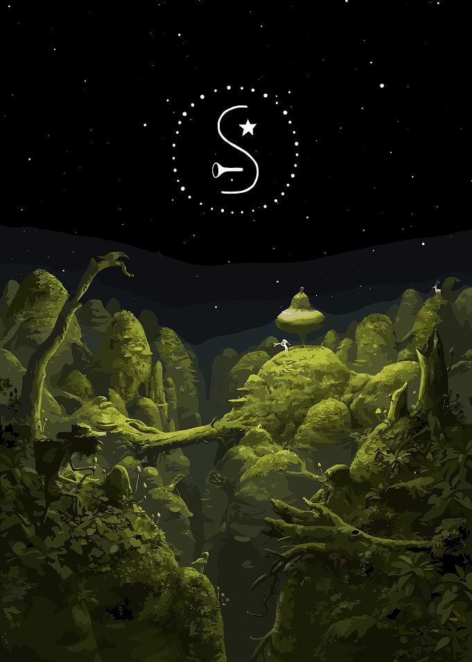 Green Forest Landscape with Starry Night