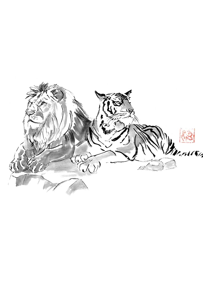 Lion and Tiger Ink Painting